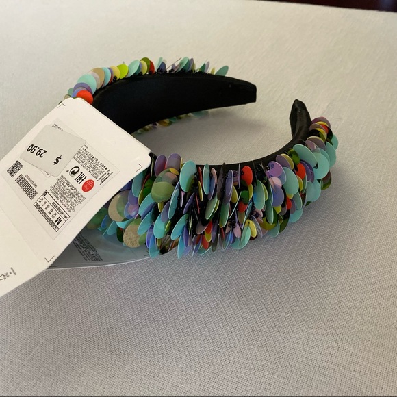ZARA Padded Headband XL Wide Large Sequin Multicolored Green Rainbow Size Medium - Picture 10 of 12